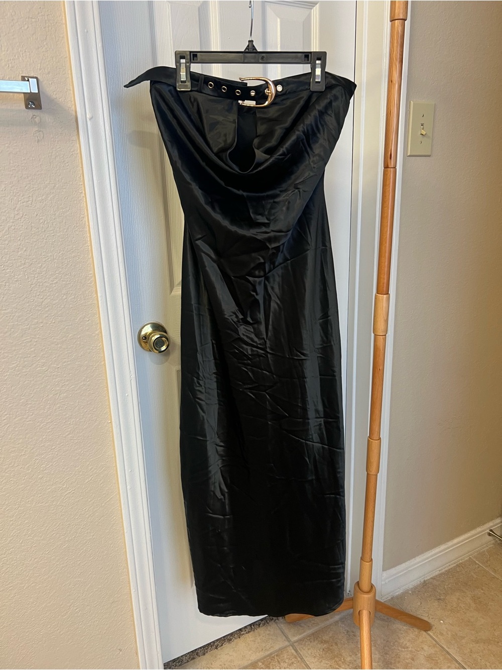 Strapless Black Satin Maxi Dress with Decorative Belt